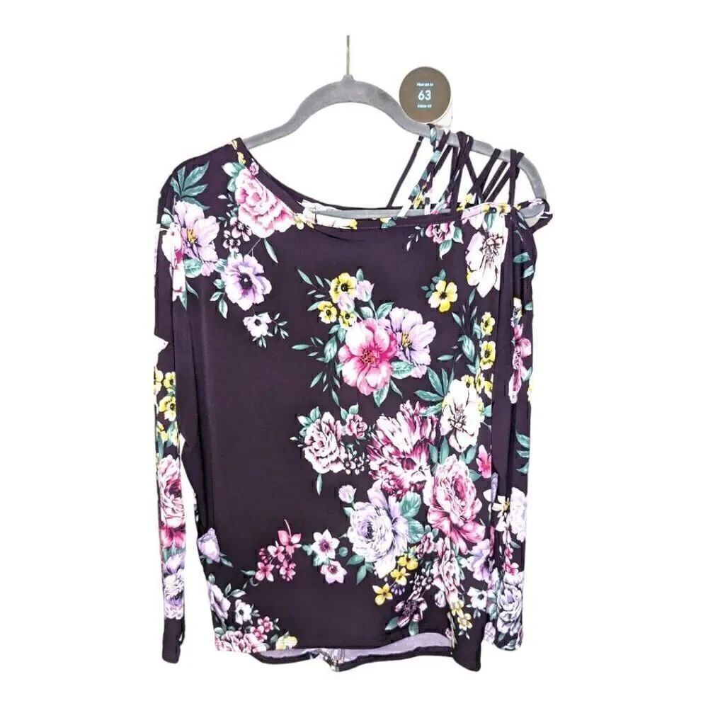 White Birch Call Me Maybe Purple Floral Boatneck Cross Shoulder Women's Small NW